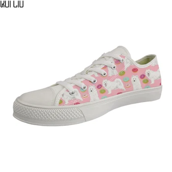 

Customized Fashion Cartoon Samoyed Dog Printing Women Lacing Low Canvas Shoes Female Flats Sneakers Shoes Vulcanize Shoes Women