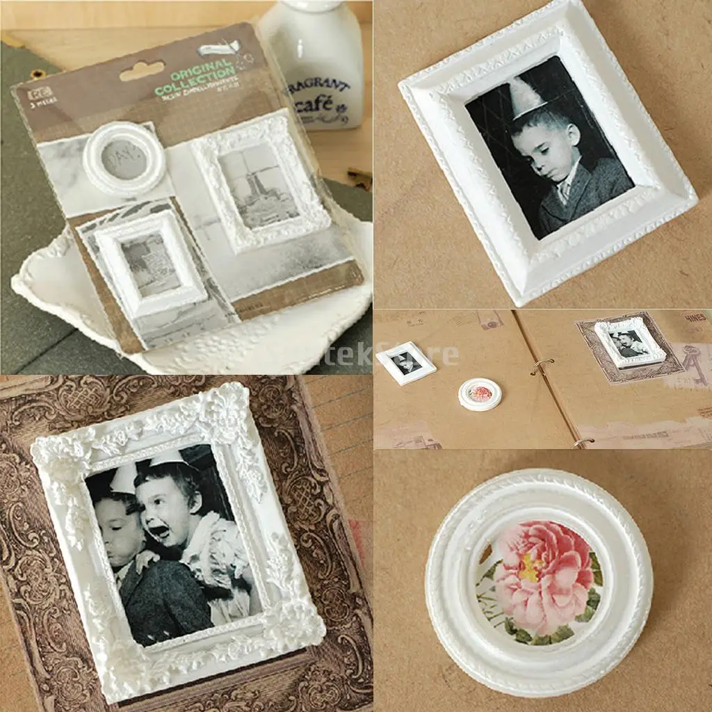 3pcs White Resin Picture Frames Scrapbooking Square & Round Frames DIY