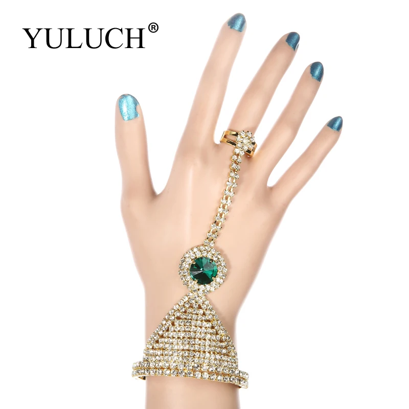 YULUCH горный хрусталь Мода цепи звено браслеты для женщин установка круглый зеленый/синий/ювелирное изделие с красными камнями Индийский стиль