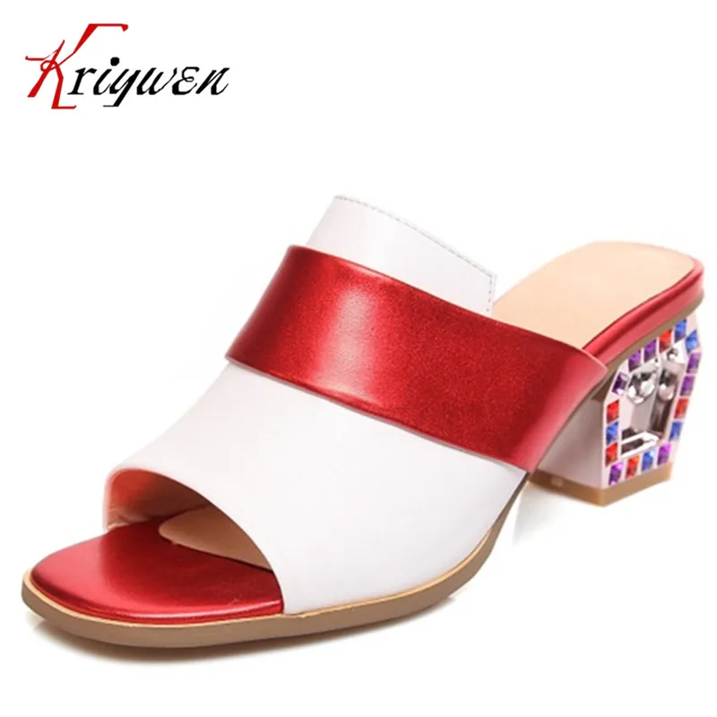 

Cowhide leather plus size 33-43 new summer elegant lady party slippers peep toe thick high heels mixed colors women dating shoes