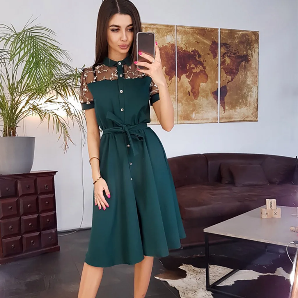 

Summer Dress 2019 Dot Lace Patchwork A-Line Dress Office Lady Casual Turn-down Collar Beach Dress Short Sleeve Women's Dress