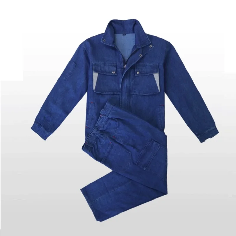

Men's and women's jeans overalls collar pure cotton anti-wear and anti-scalding factory workers'labor jacket + trousers