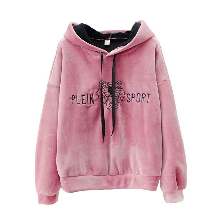 

New Autumn Winter Women Streetwear Tiger Embroidery Velvet Sweatshirts Long Sleeve Hooded Long Sweatshirt Pullovers Tops WZ118