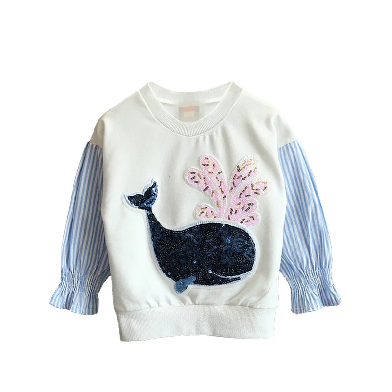 

children clothing Spring new baby girl long-sleeved shirt cartoon dolphin print stitching bat sleeve pullover girls Kids clothes