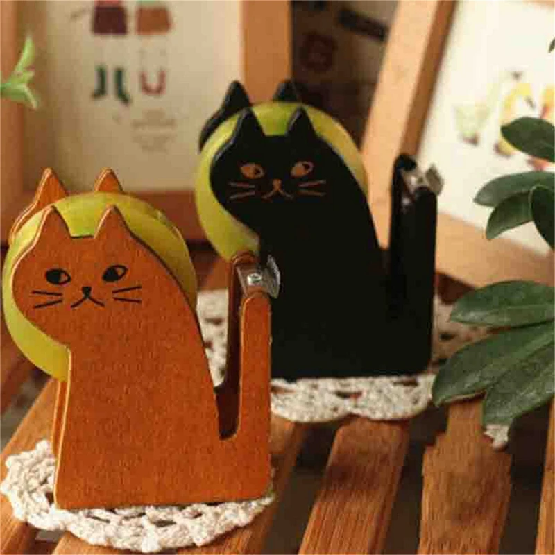 Cute Cat Wooden Tape Dispenser Tape Holder Tape Cutter Office & School