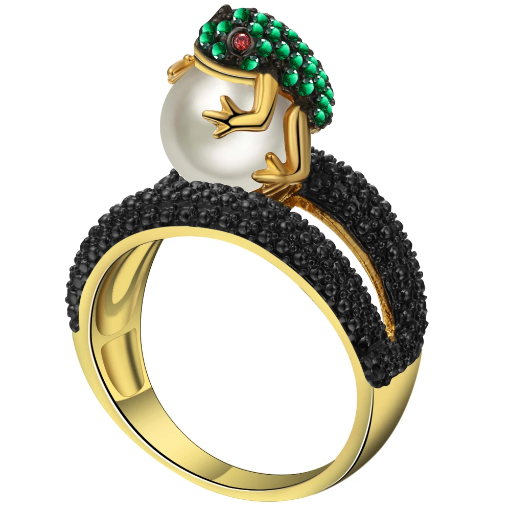 

Colorful Crystal Crazy Frog Rings for women Vintage Imitation pearls gold color black AAA CZ stone Animal Fashion Jewelry rings