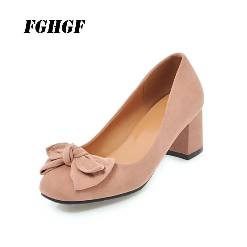 

Women's shoes sweet bow shallow mouth spring and autumn suede thick with heel women's shoes pink black size code 32-45