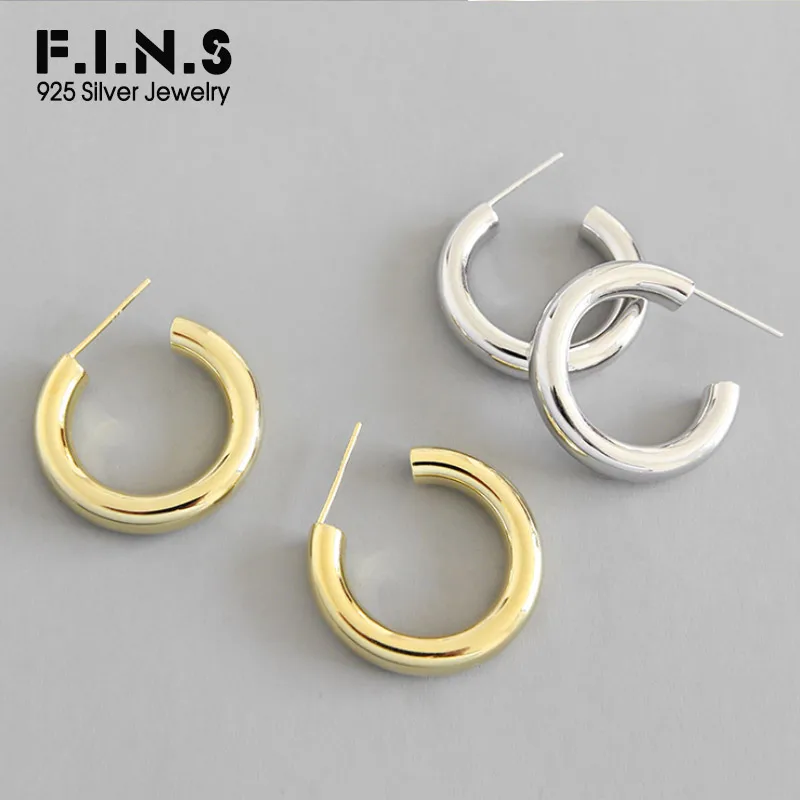 

F.I.N.S Pure Silver Earrings 925 Concise C-Shape Hoop Earrings Gold Color Circle Simple Korean Fashion Earring Fine Jewelry