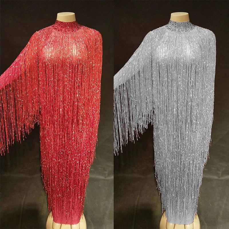 

6 Colors Fringes Long Dress Evening Party Birthday Celebrate Tassel Dress Singer Dance Costume Long Net Yarn Dress DJ1033