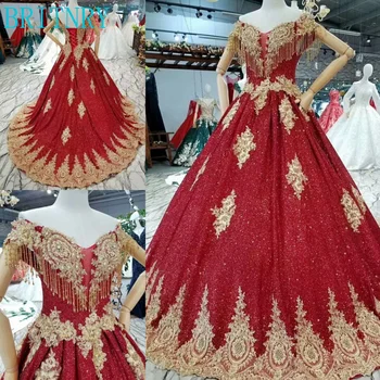 شراءBRITNRY 2019 القادمون الجدد الأحمر فستان الزفاف خط الذهب الدانتيل الفاخرة الزفاف أثواب قبالة الكتف الخامس الرقبة فستان الزفاف