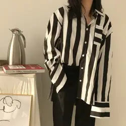 Уличная 2019 весна корейский стиль с боковыми рубашка в полоску Oversize блузка для женщин бойфренда стиль Свободные Женские кофты