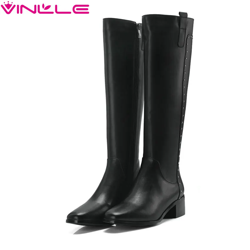 

VINLLE 2019 Women Knee High Boots Fashion Winter Boots Zipper Square High Heel Square Toe Elegant Balck Women Boots Size 34-40