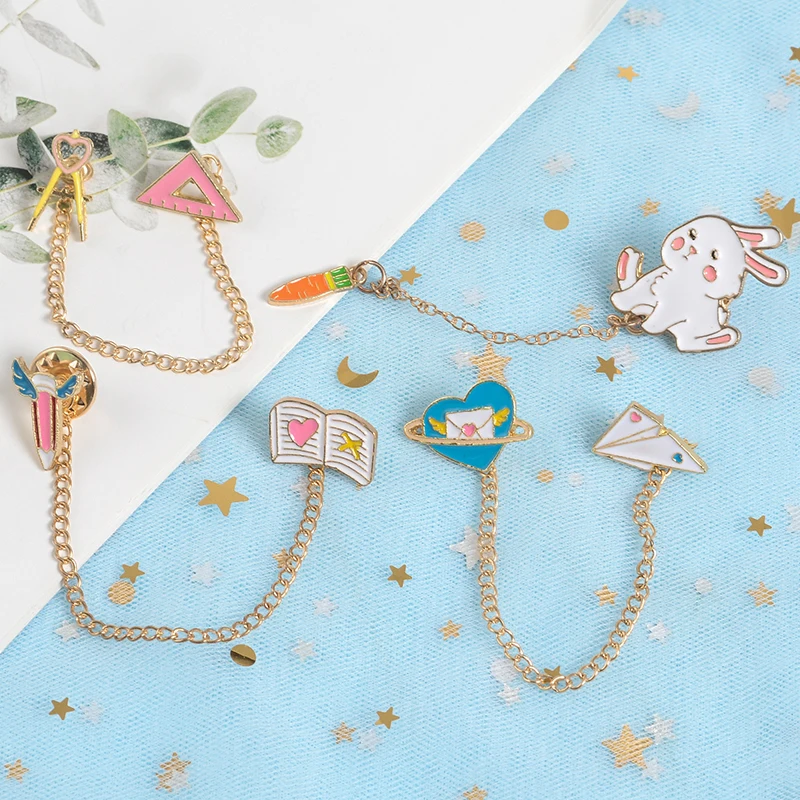 

Cartoon bunny carrot enamel Pins Badge Cute book paper plane love letter Triangle ruler chain lapel Brooch Jewelry Gift for kids
