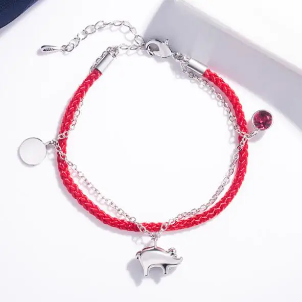 Модные 925 браслеты с серебряной цепочкой для женщин Изысканные циркониевые красные веревки зодиака золотые свиньи браслеты для девочек юбилей ювелирные изделия подарок - Окраска металла: Silver