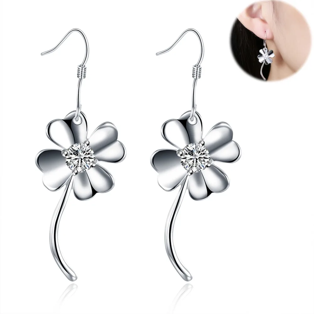 Women Lucky Green Jewelry Clover Inlaid Zircon Dangle Earring Four Leaf