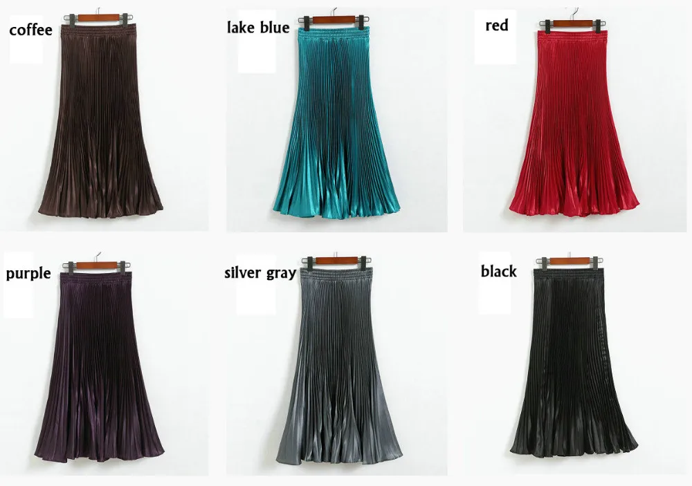 SETWIGG блестящая металлическая длинная Плиссированная юбка Весенняя женская эластичная талия с воланами по краям длиной до икры длинная юбка русалки SG511