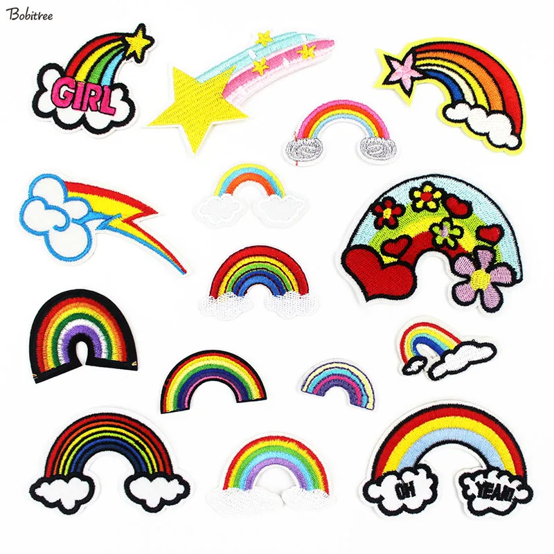 

16 Designs Rainbow Iron Patch For Cloth Embroidered Sew on Badge Appliques Stickers for Kids Jacket Jeans Decoration