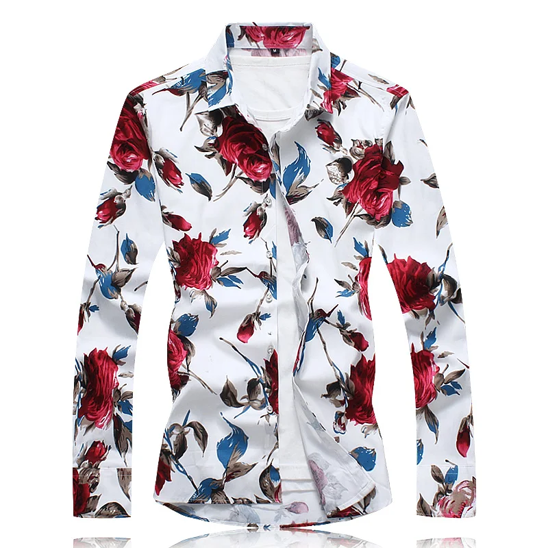 2018 New Flower Printing Shirt Men Long Sleeve Shirt Male