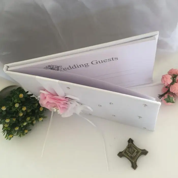 New Hot White Satin Flower Wedding Guest Book Signing Pen Set with Sweet Ribbon Beads SMD66