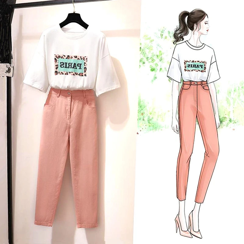 

2019 Summer Slim Two piece Set Women Short sleeve T-shirts & Pants Two piece Suit Set Lady Temperament Small Fragrance Style Set