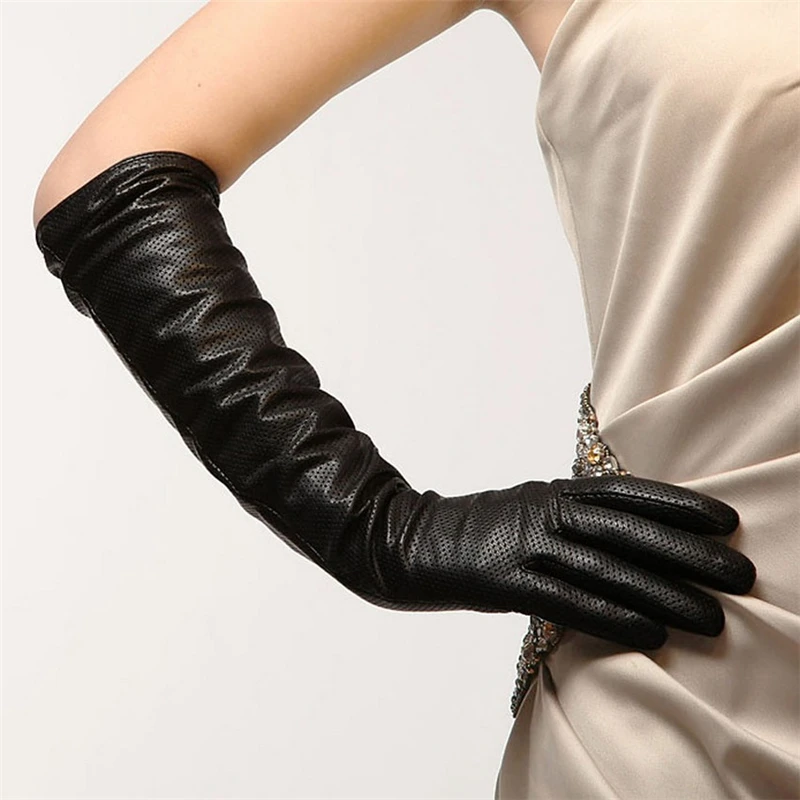 High Quality Fashion Black Women Sheepskin Gloves 45cm Long Genuine