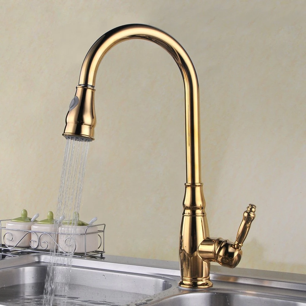 Gold Pull Out Arc Kitchen Sink Swivel Mixer Faucet Single Lever Hole Brass Tap