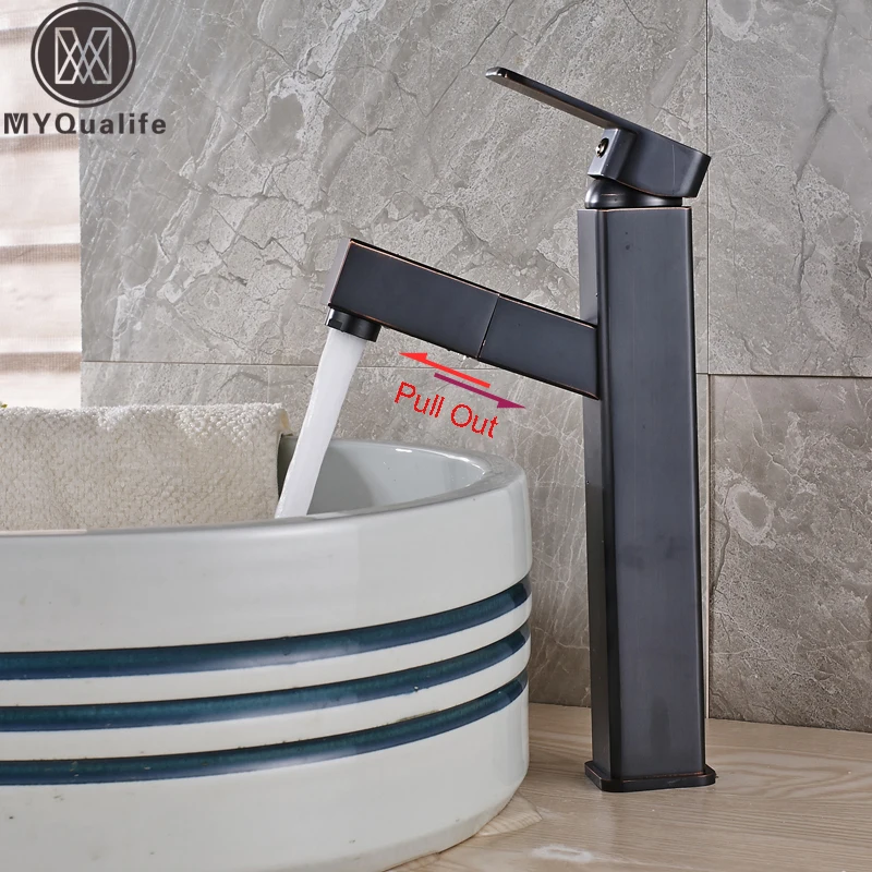 

Modern Square Pull Out Washing Basin Faucet Single Handle Countertop Bathroom Washing Basin Mixers with Hot and Cold Water