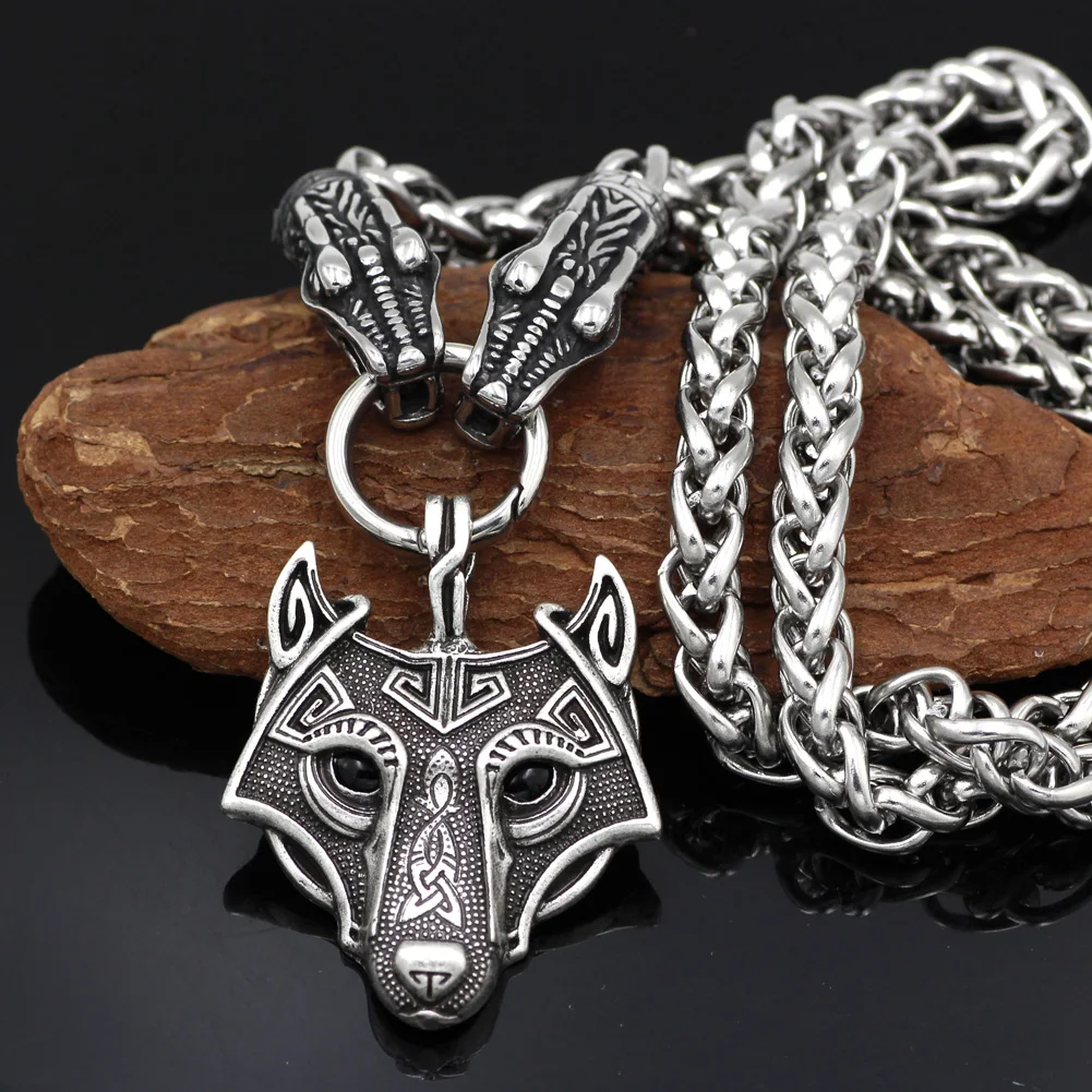 

Men Stainless Steel Viking Dragon Head with Goat Thor's Hammer Wolf Pendant Necklace