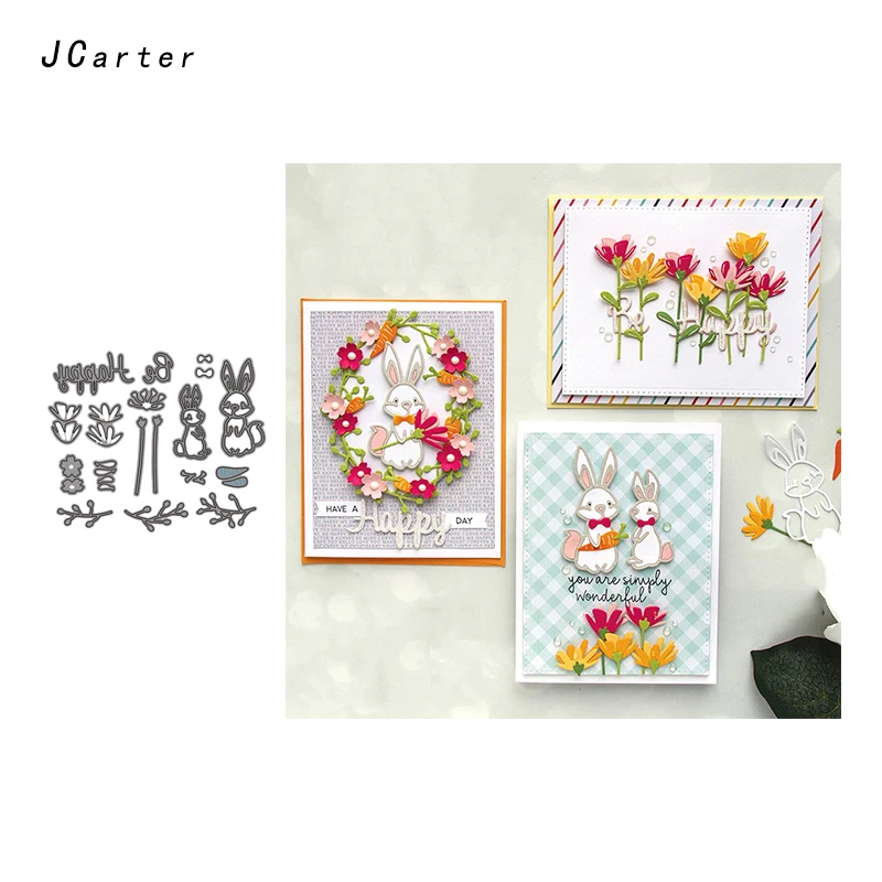 

JC Metal Cutting Dies for Scrapbooking Happy Flowers Rabbit Craft Cut Die Stencil DIY Handmade Album Paper Cards Decor Embossing