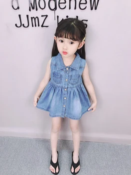 

Summer baby jeans jacket sleeveless cardigan cotton vest coat a-line single breasted tops pleated dress 1-3-5 years turn down