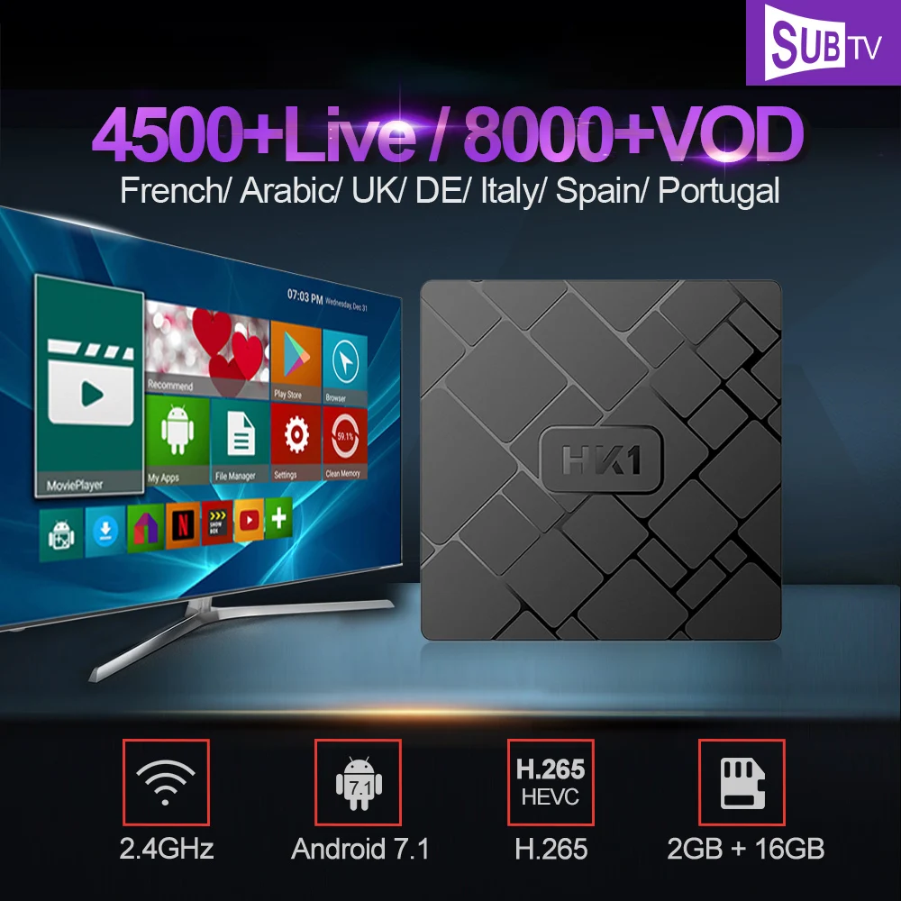 

SUBTV Full HD IPTV France Subscription HK1 W Android 7.1 Smart Tv Box 2GB 16GB Arabic IPTV Box Portugal Spain UK Germany IP TV