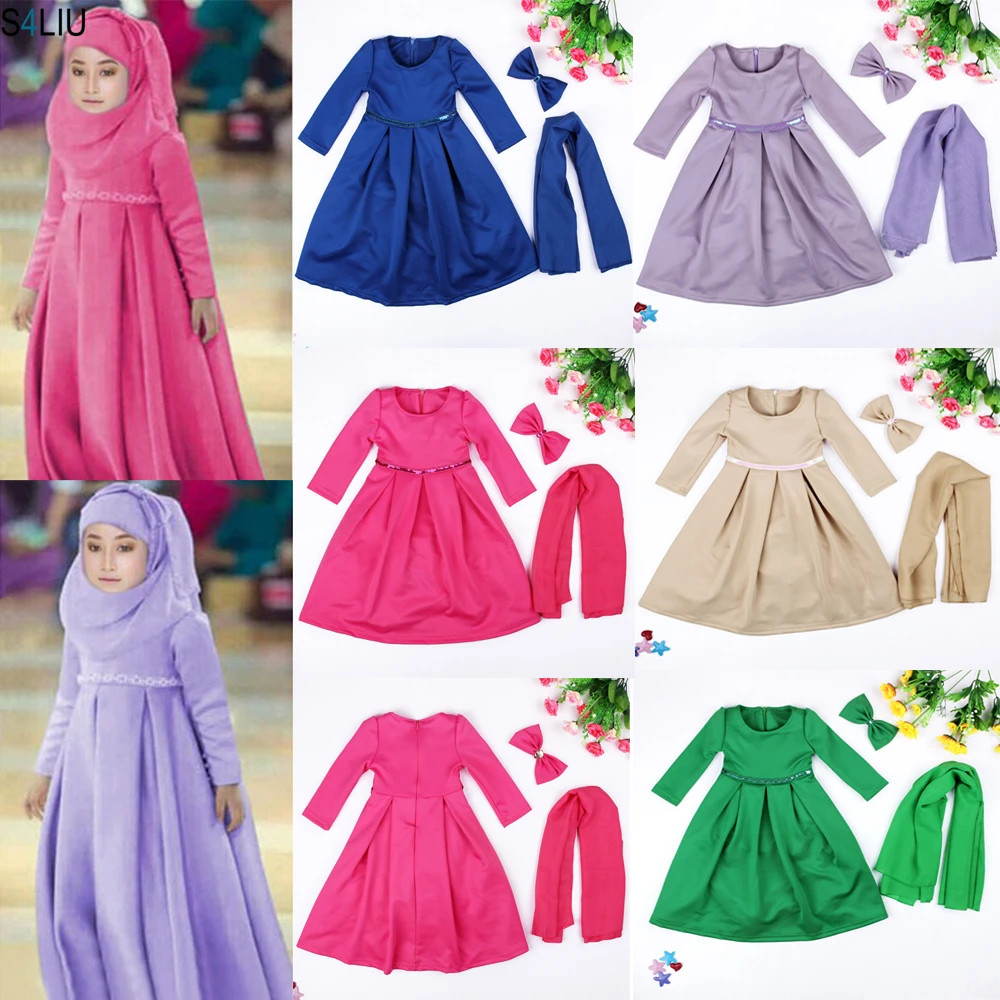 Abaya Girls Muslim Sets Dress + Hijab +Bow Headbands Outfits For ...