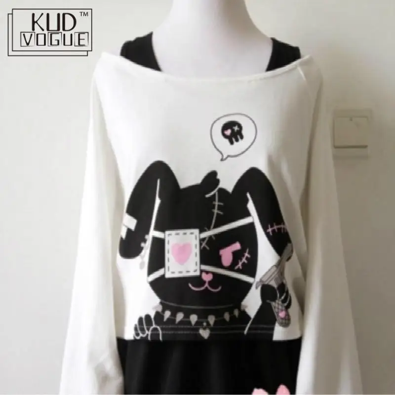 Lolita Dress 2pcs Suit Sweet Cotton Dress Short Cute Bunny Print Long Sleeves Set Japanese Teens Kawaii Girls