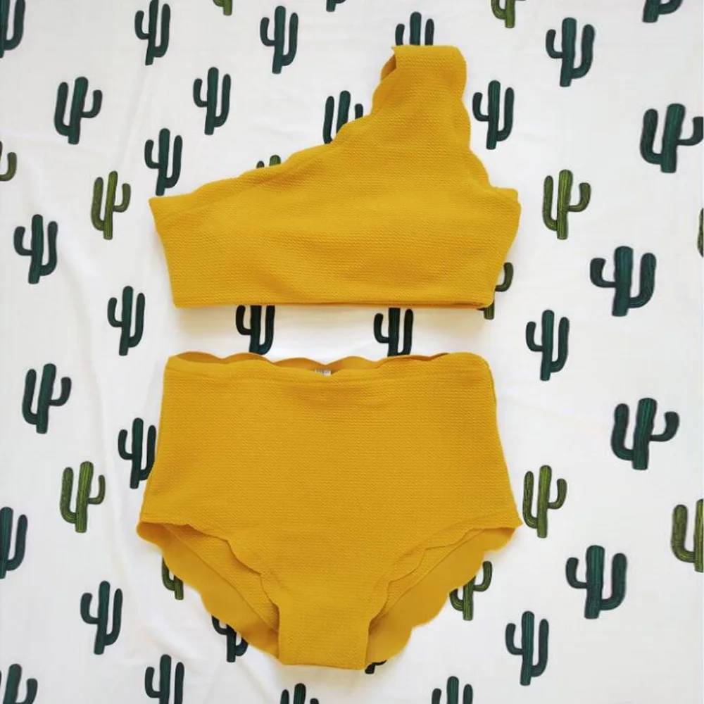 

Swimsuit Solid Scalloped Trim One Shoulder Bikini Lady Vintage High Waisted womens Swimsuit separate costume de bain 15#