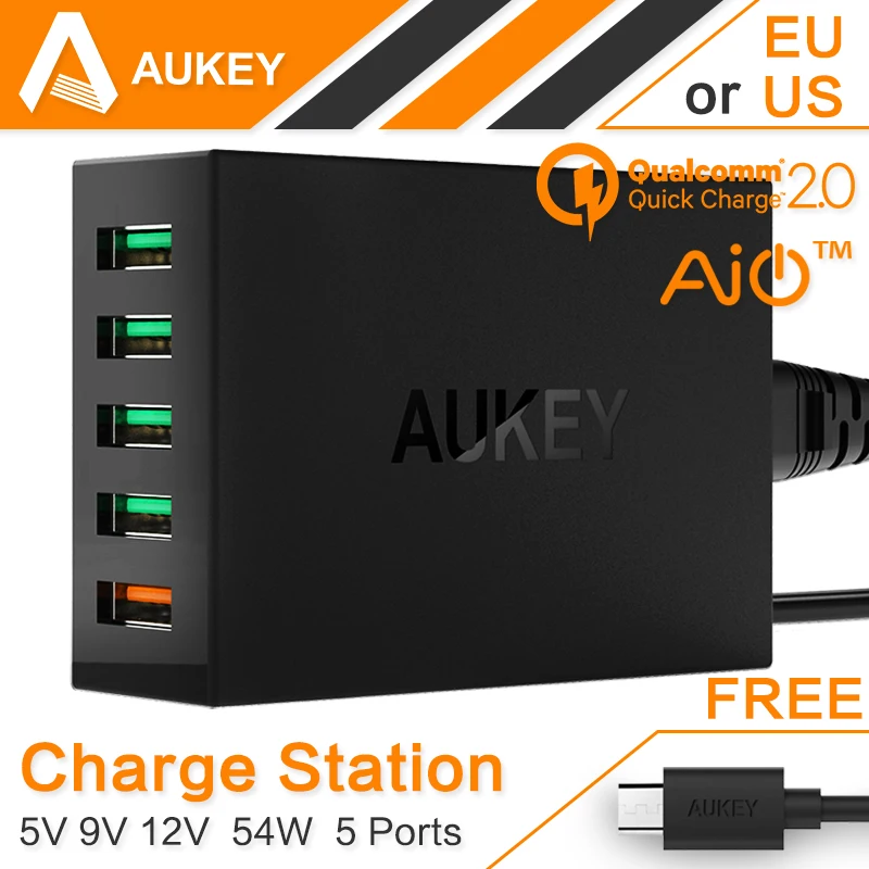AUKEY 54W 5 Port Quick Charger 2.0 USB Charger QC2.0 Wall Charging EU US Plug for iPhone 7 Plus Mobile Phone Travel Charger HTC