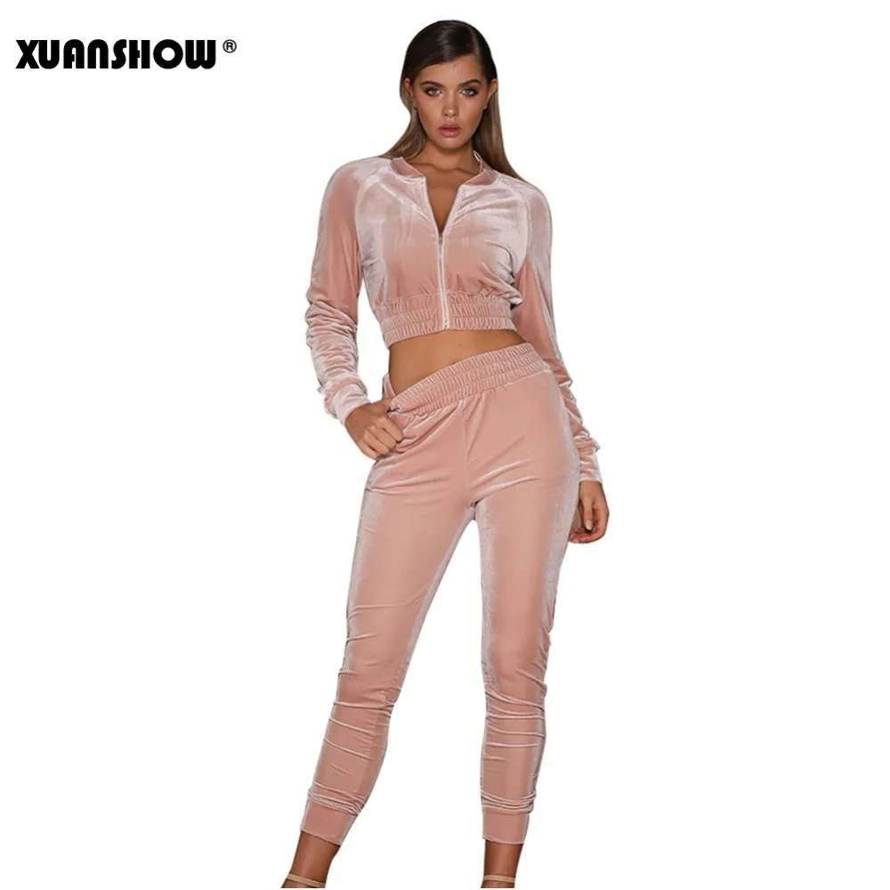 

XUANSHOW 2018 Women Tracksuit Winter Fitness Sportswear Slim Velvet Crop Sweatshirt Long Pants Suit Two Piece Set Chandal Mujer