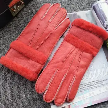 

Women's autumn winter thicken warm thermal wool lining glove lady's one piece natural sheepskin leather fur driving glove R573