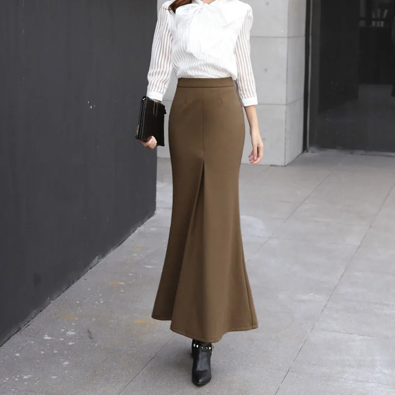 Autumn Fashion Mermaid Fish tail Slim Office Korean Black Maxi ladies Skirt / female Folds Long skirts Womens