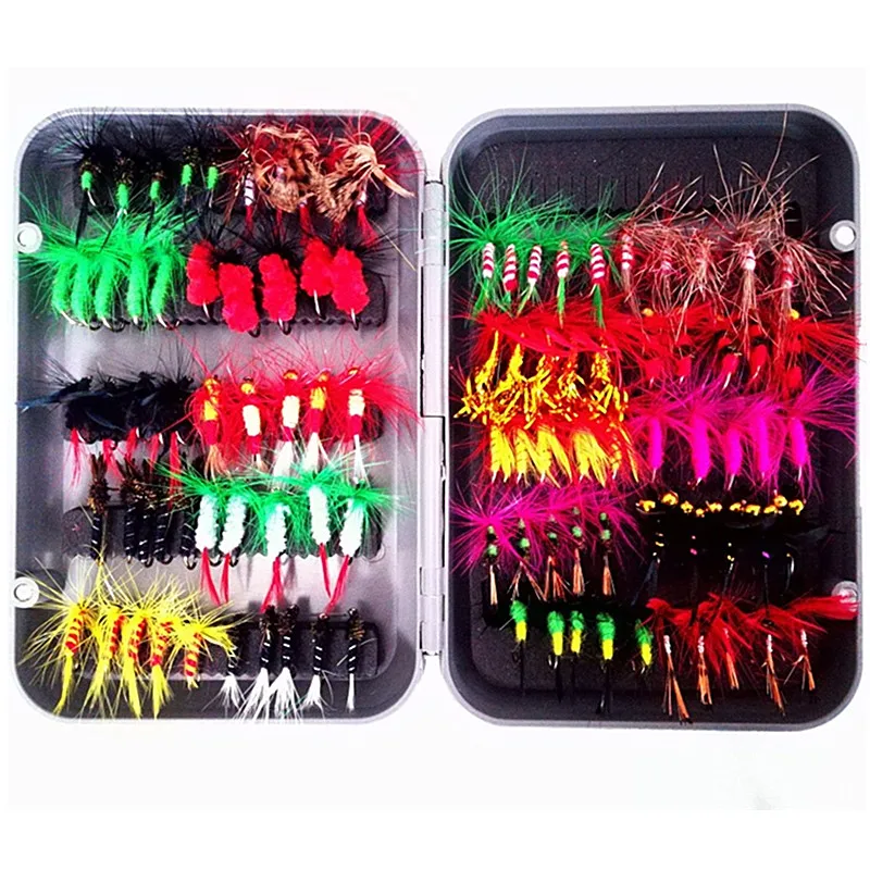 KKWEZVA 100pcs Insects Fishing fly Lure different Style Salmon Flies Trout Single Dry Fly Fishing Lures Fishing Tackle with box