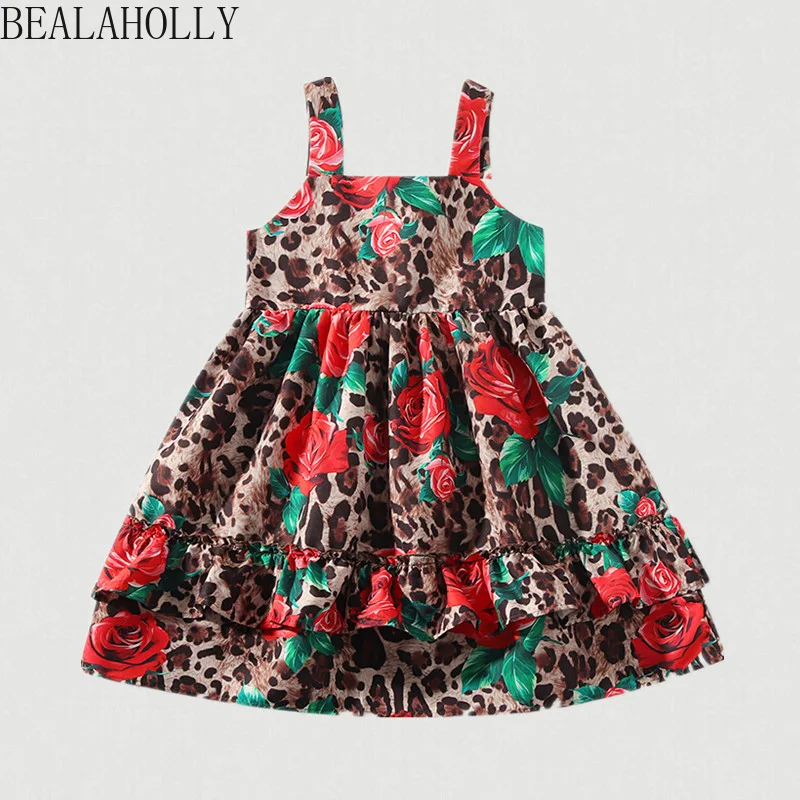 

2019 Summer New Baby Girl Cotton Leopard Rose Printed Belt Princess Dress Floral A-line Girls Dress Holiday Style Girls Fashion