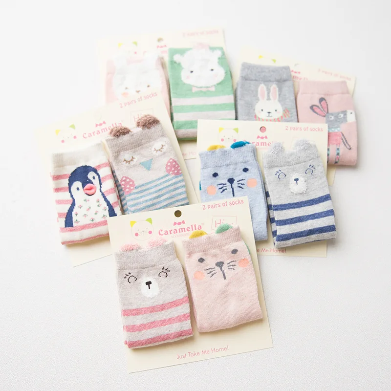 Caramella/ 2 пары/партия, хлопковые милые рождественские теплые носки с объемными рисунками животных из мультфильмов, детские носки для мальчиков и девочек