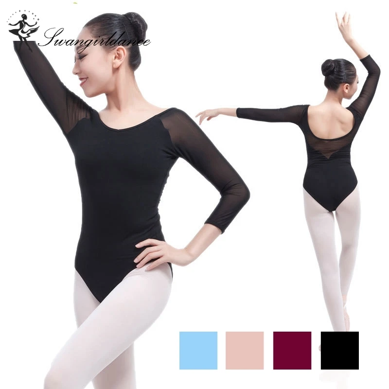 Latest black girls adult 3/4sleeve mesh sexy gymnastics dance leotards women ballet costumes with V back CS0328