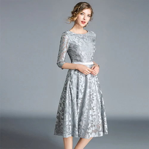 Vestido осень мода выдалбливают тонкий кружевное платье элегантный elbise тонкий Винтаж платье Повседневное Большие размеры платье jurken - Цвет: gray