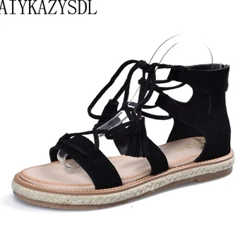 

AIYKAZYSDL Women Gladiator Rome Sandals Genuine Leather Cut Out Cross Strap Sandals Espadrilles Hemp Straw Rope Shoes Plus Size