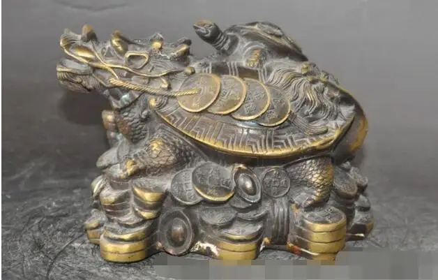 

S3482 6"chinese bronze Longevity dragon Turtle Tortoise wealth money coin rich statue