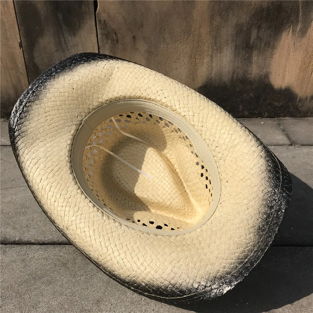 Handmade Weave Straw Women Men Hollow Western Cowboy Hat Lady Dad Sombrero Hombre Cowgirl Jazz Caps Bull Head Band Size 56-58CM