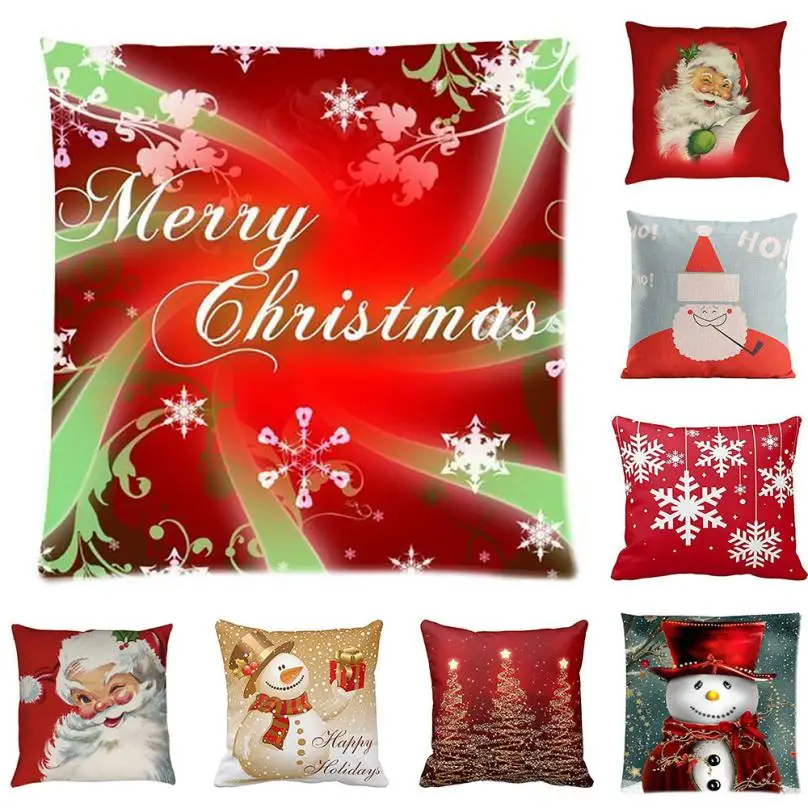 Merry Christmas Pillow Cases Cotton Linen Sofa Cushion Cover Home Decor