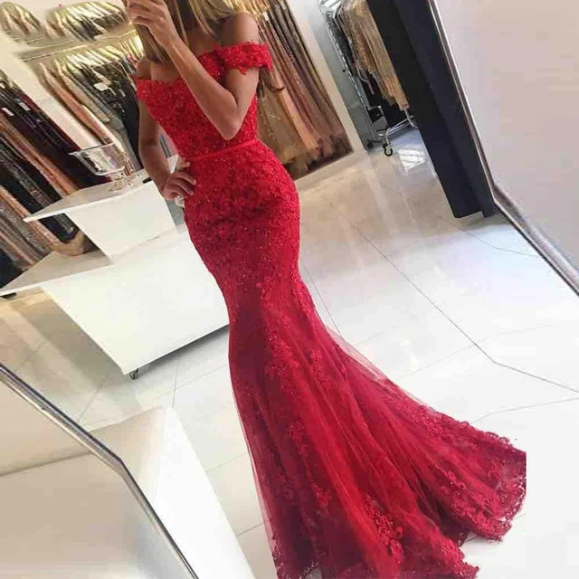 

Lace Applique Red Mermaid Evening Dresses 2018 Custom made Court Train Sleeveless Beads Formal Emerald Green Party Evening Dress