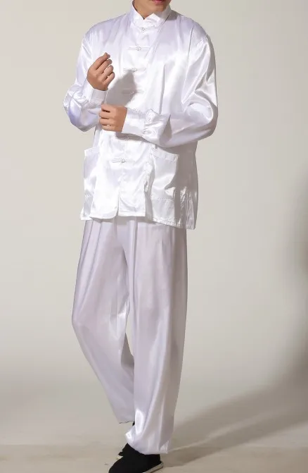 Бордовый Китайский Мужской Полиэстер Атласная Одежда Комплект Wu Shu костюмы костюм кунг-фу Размер S M L XL XXL XXXL M0048-C - Цвет: white