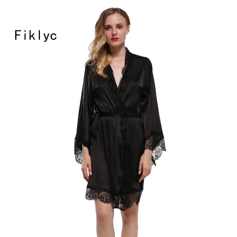 

Fiklyc brand long sleeve women's kimono robes bridesmaid wedding bathrobes lace & faux silk mini sexy nighties for bridal hot